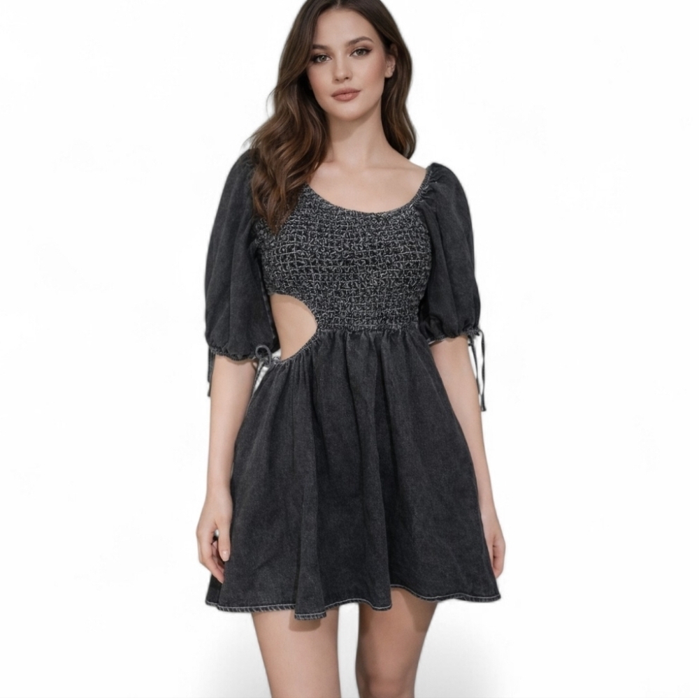 SOFIE THE LABEL Black Jean Smocked Cutout Mini Dress Puff Sleeve. Size S.NWT